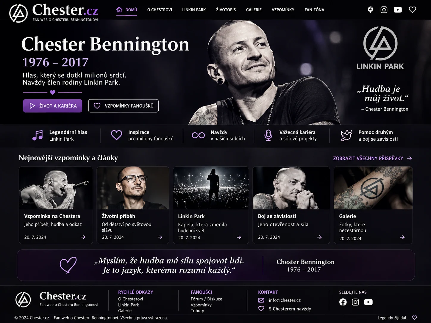 Vizuální návrh možného fanouškovského projektu Chester.cz zaměřeného na dokumentární archiv o Chesteru Benningtonovi