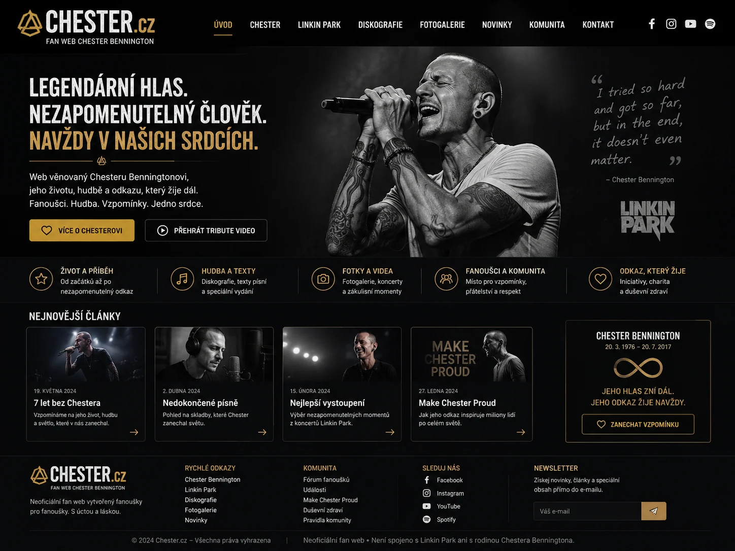 Vizuální návrh možného fanouškovského projektu Chester.cz zaměřeného na dokumentární archiv o Chesteru Benningtonovi